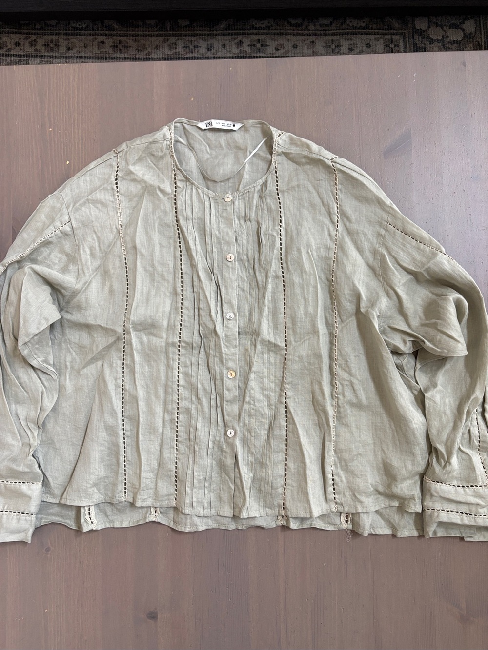 Zara Light Sage Linen Button-Up Shirt Size Small